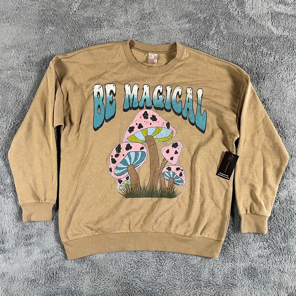 No Boundaries Tunic Sweatshirt Girls L Tan Be Magical Mushrooms Graphic Oversize